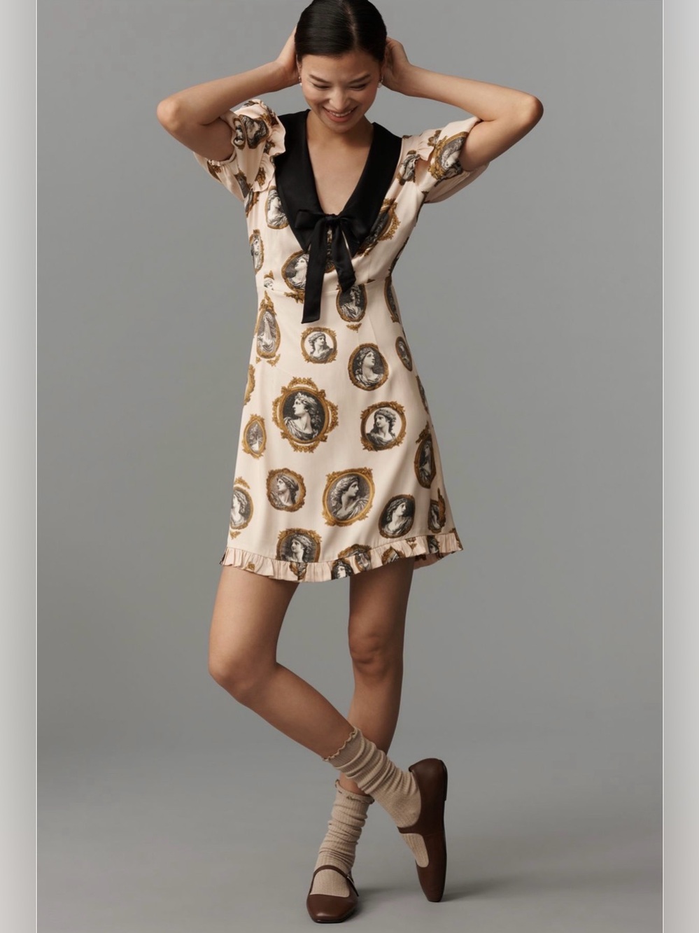 Maeve Satin Portrait Front-Tie Mini Dress (Size XS)